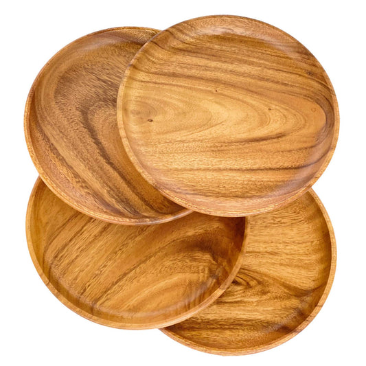 WRIGHTMART Wooden Plates, Set of 4 Wood Servers, Dinnerware Handcrafted of Acacia Hardwood, 10-Inch, Versatile Tableware, for Dinner, Lunch, Breakfast, Charger Plate, Platter, Natural