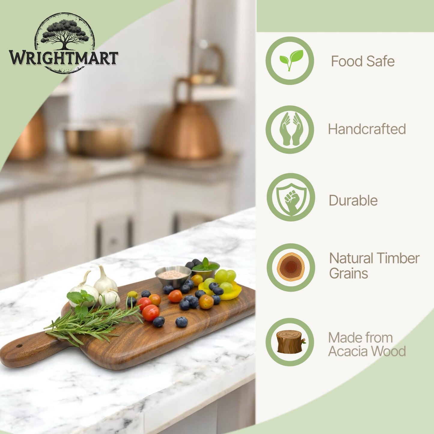 Wood Kitchen Cutting Serving Charcuterie Board with Handle, Handmade, Solid, Joint Free, Double-Sided, Continuous Beautiful Wood Grains