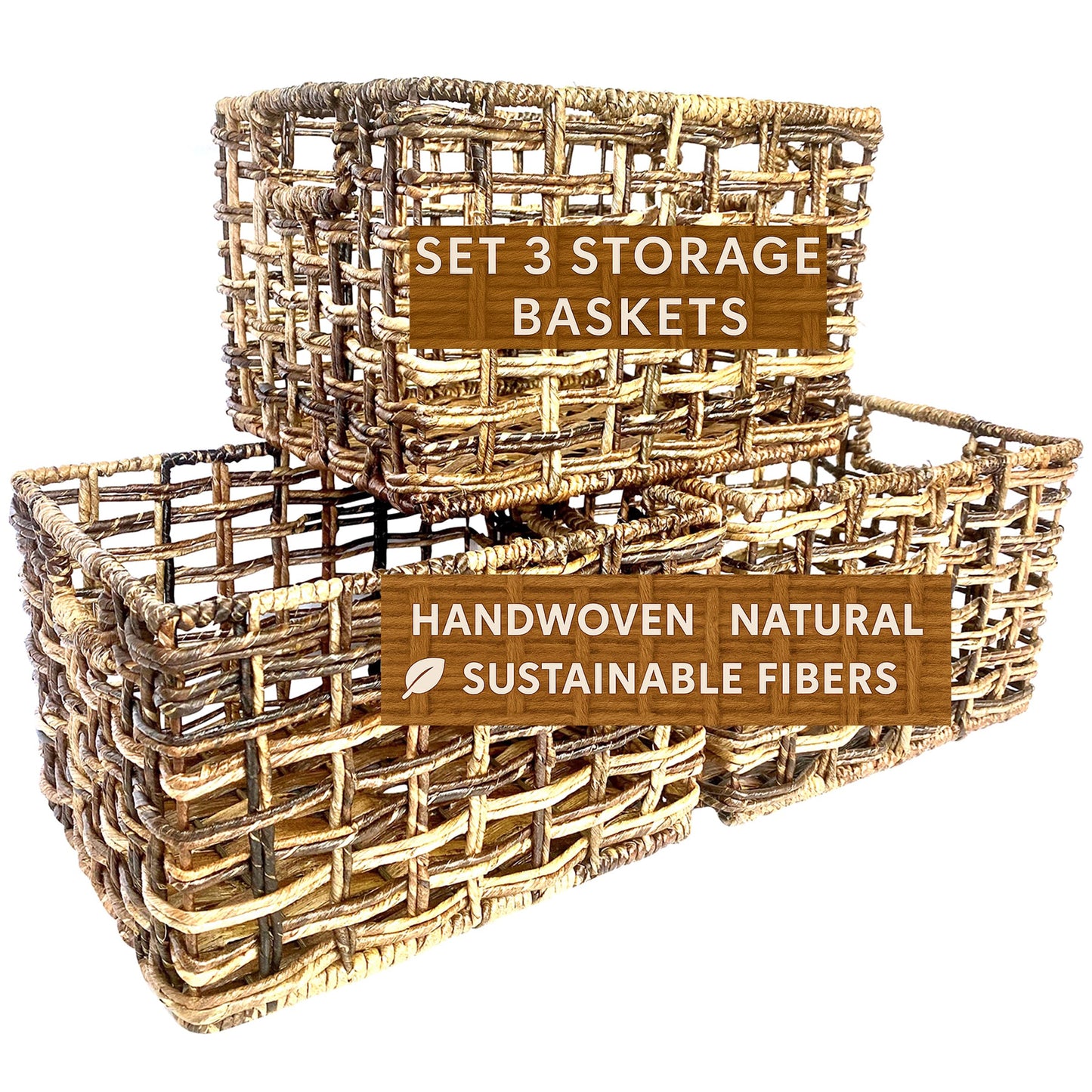 Wrightmart Storage Baskets, Natural Handwoven Seagrass Set of 3, Decorative Home Organizer for Shelves, Pantry, Living Room, Bedroom, Office (Natural Abaca Weave)