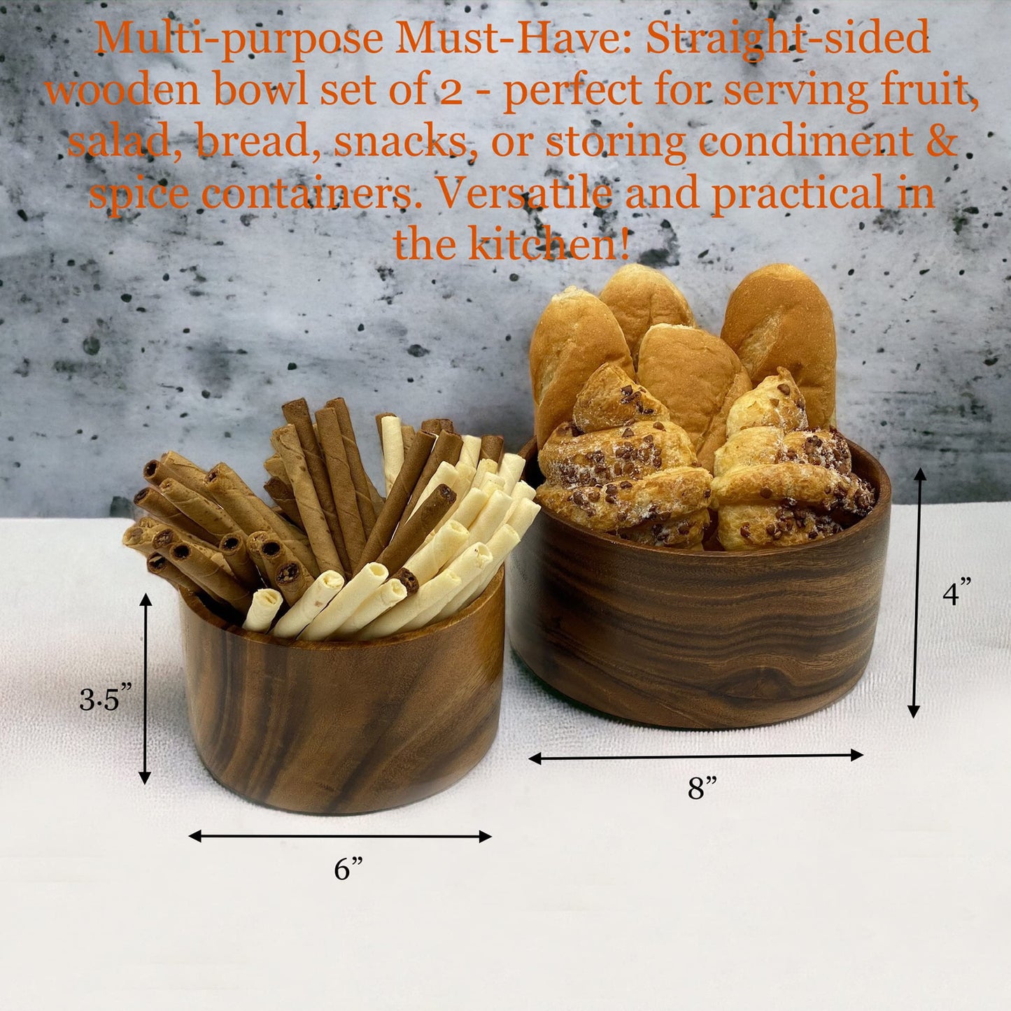 WRIGHTMART Round Wood Serving Bowl Set of 2, Durable Solid Acacia Wooden Bowls for Food, Condiment Storage, Salad, Snack, Nuts, Bread, Popcorn, Cylindrical Hand Turned, Bowl Size: 8" x 4" & 6" x 3.5"