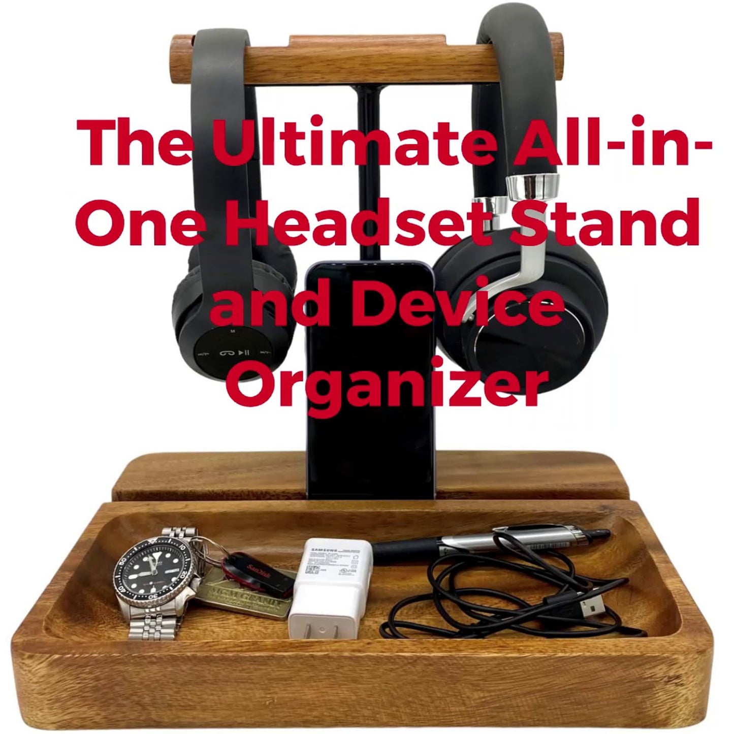 WRIGHTMART Wooden Headphone Stand for Over-Ear Headphones, Cell Phone, iPad, iPhone, Compatible with Bose, Beats, Sony, Sennheiser, Made from Beautiful Acacia Wood