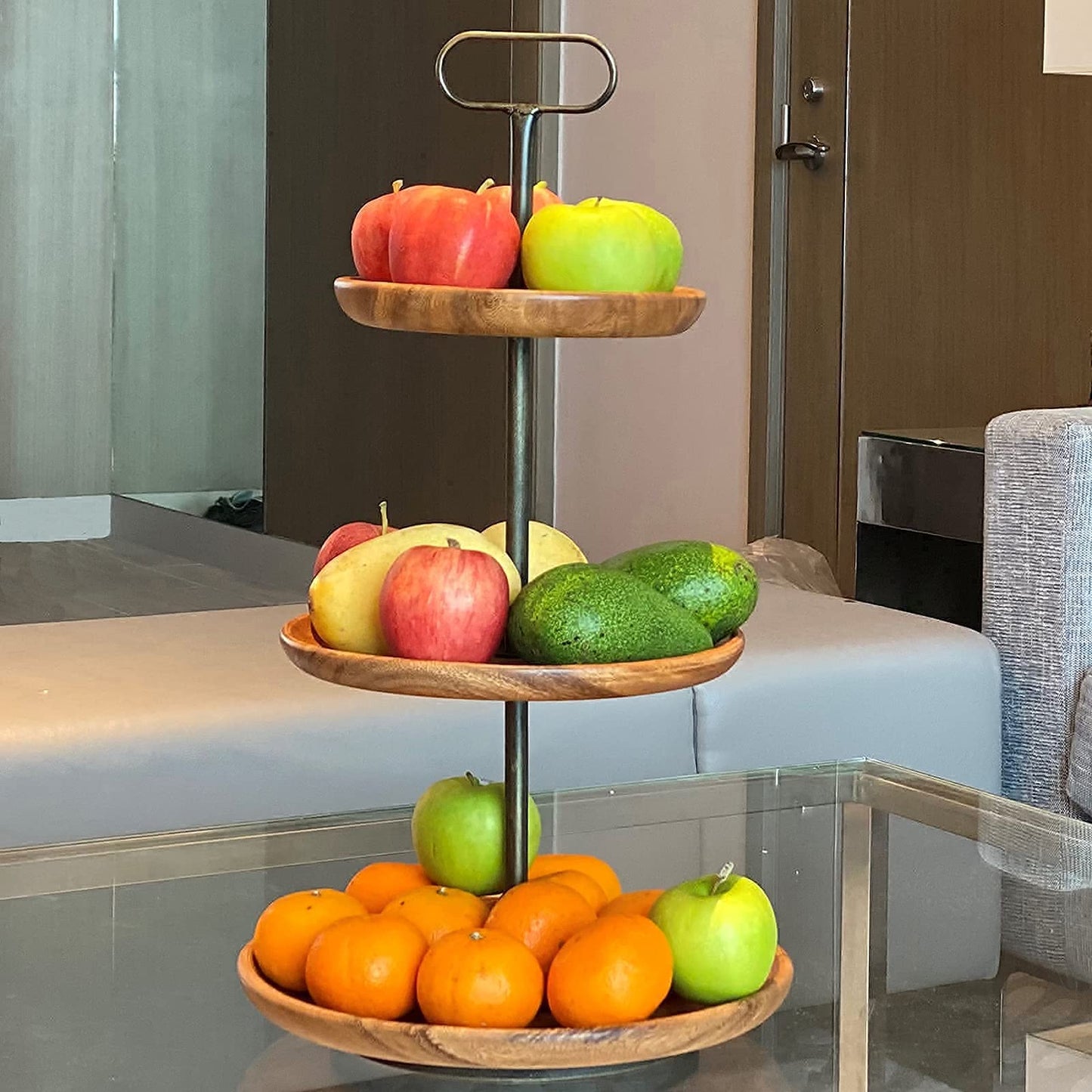 Wrightmart Acacia Wood Cheese Tray and Serving Board with Handles – Large Round Charcuterie Circle Board, Hardwood Platter for Entertaining and Serving, 14" Diameter