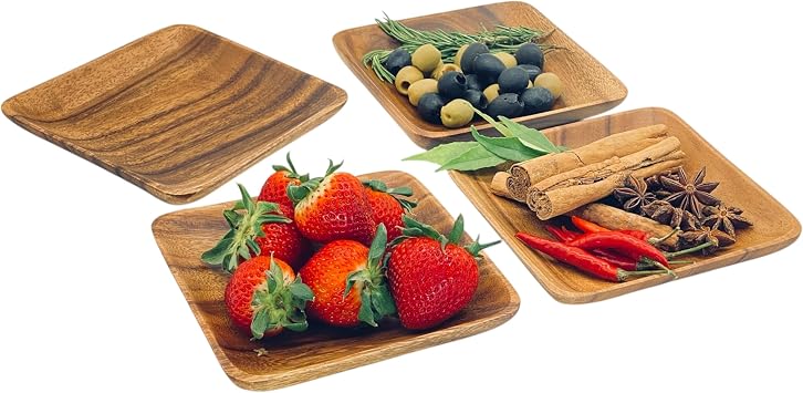 Acacia Wood Square Plates, 6 Inch, Set of 4