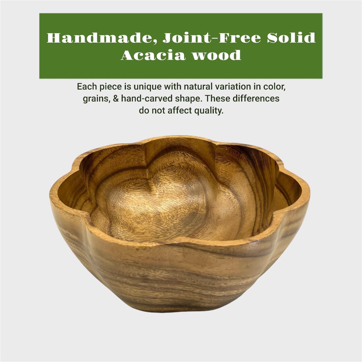 WRIGHTMART Round Wood Serving Bowl, for Food, Salad, Fruit, Popcorn, Decorative Display, Hand Turned Acacia Dinnerware, Scalloped Shaped, for the Dining Table and Kitchen