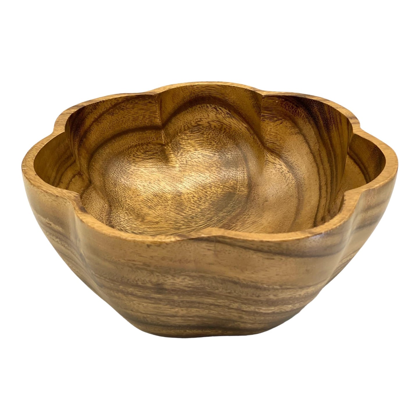 WRIGHTMART Round Wood Serving Bowl, for Food, Salad, Fruit, Popcorn, Decorative Display, Hand Turned Acacia Dinnerware, Scalloped Shaped, for the Dining Table and Kitchen