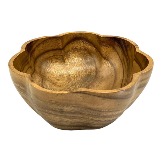 WRIGHTMART Round Wood Serving Bowl, for Food, Salad, Fruit, Popcorn, Decorative Display, Hand Turned Acacia Dinnerware, Scalloped Shaped, for the Dining Table and Kitchen