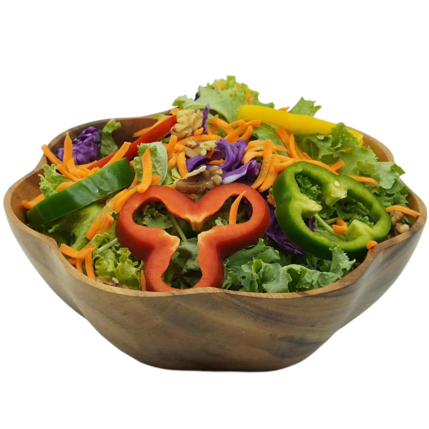 WRIGHTMART Round Wood Serving Bowl, for Food, Salad, Fruit, Popcorn, Decorative Display, Hand Turned Acacia Dinnerware, Scalloped Shaped, for the Dining Table and Kitchen