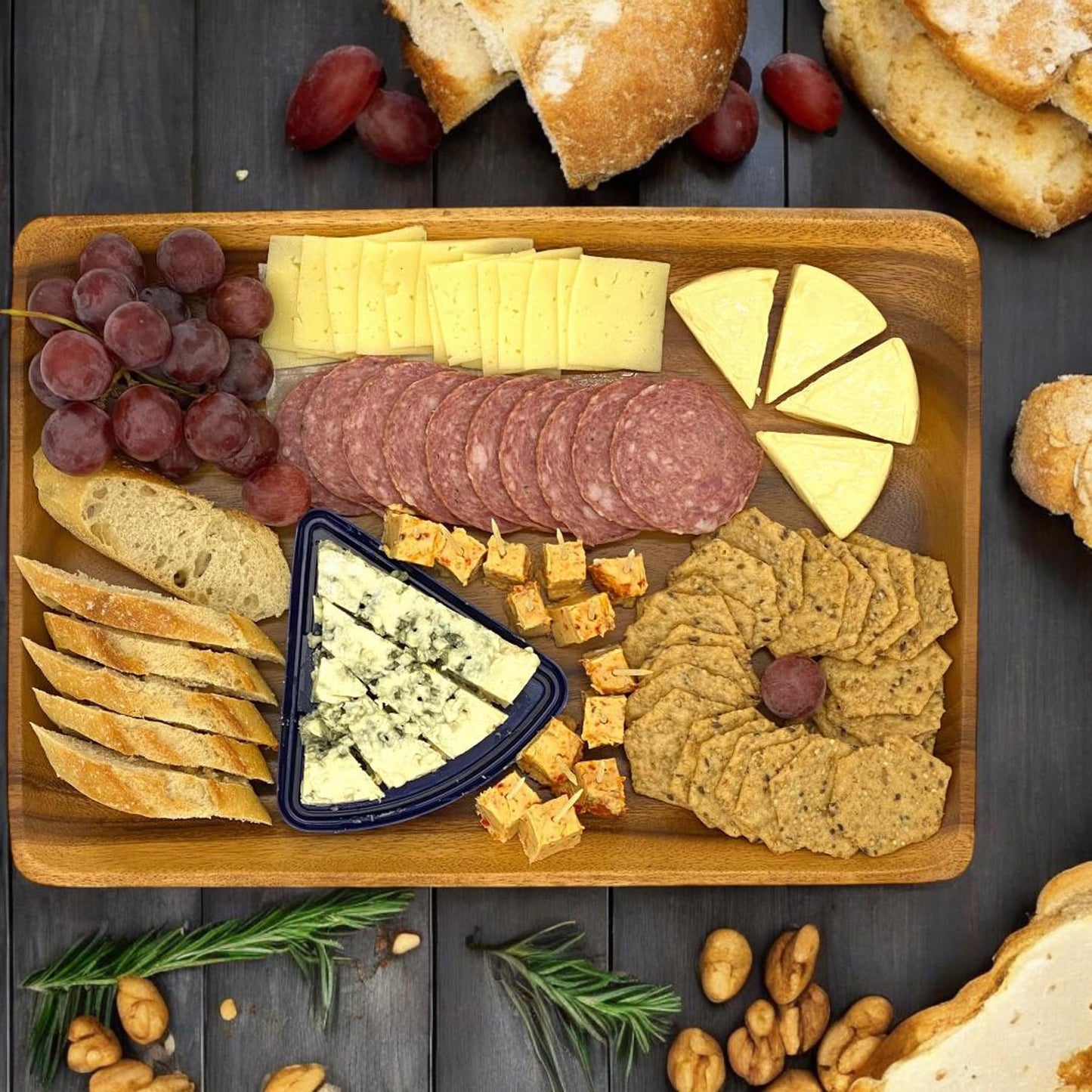 Wrightmart Acacia Wood Cheese Tray and Serving Board with Handles – Large Round Charcuterie Circle Board, Hardwood Platter for Entertaining and Serving, 14" Diameter