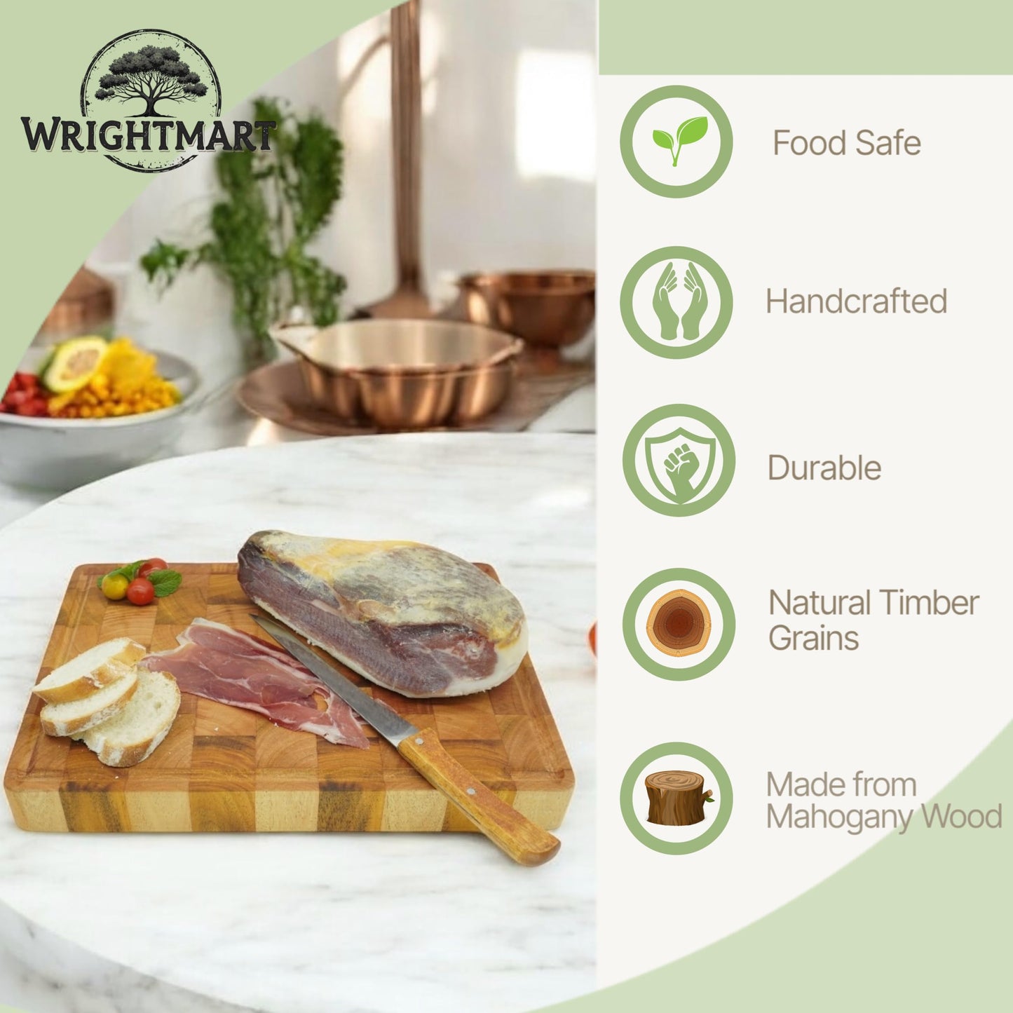 Wood Kitchen Cutting Serving Charcuterie Board with Handle, Handmade, Solid, Joint Free, Double-Sided, Continuous Beautiful Wood Grains