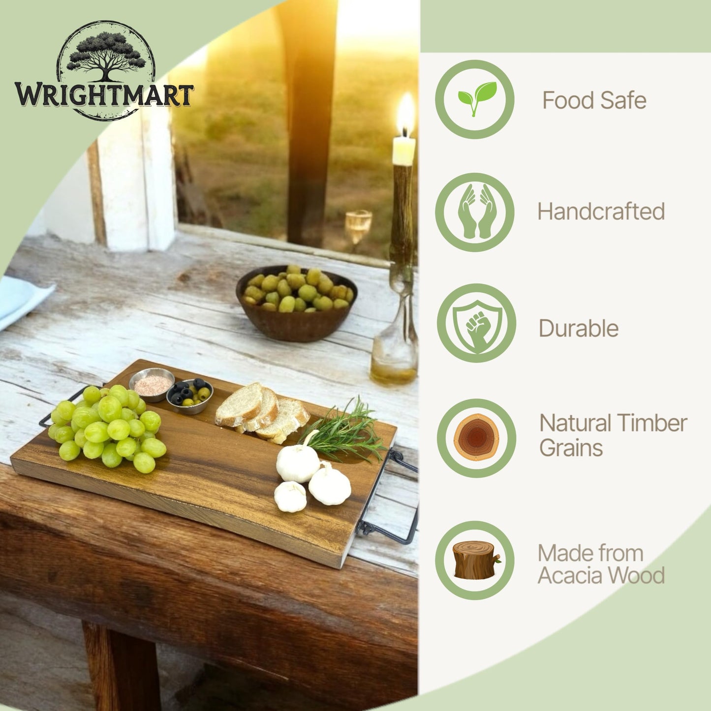 Wood Kitchen Cutting Serving Charcuterie Board with Handle, Handmade, Solid, Joint Free, Double-Sided, Continuous Beautiful Wood Grains