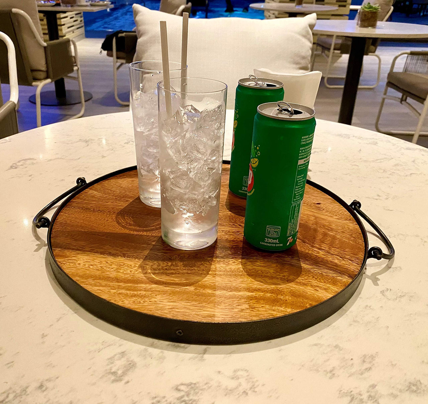 Wrightmart Acacia Wood Cheese Tray and Serving Board with Handles – Large Round Charcuterie Circle Board, Hardwood Platter for Entertaining and Serving, 14" Diameter