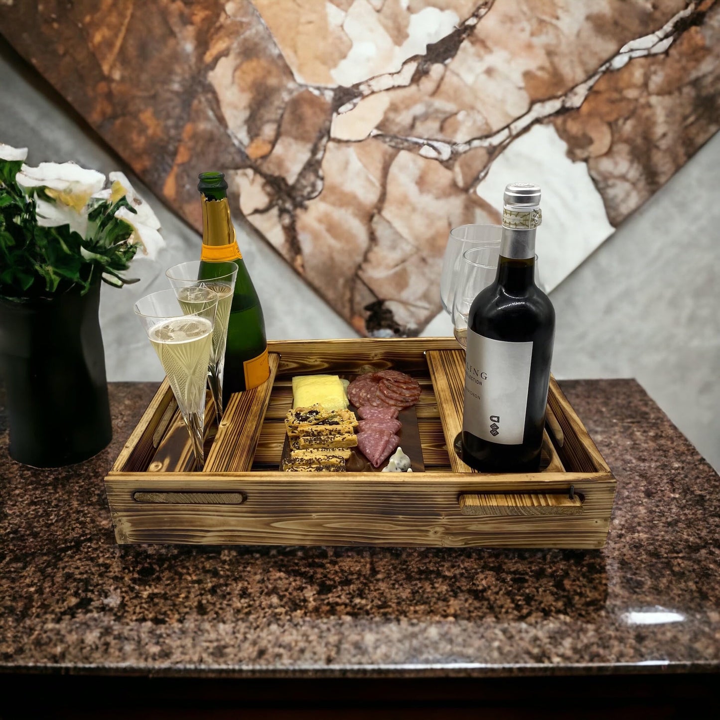 Wrightmart Wood Serving Tray with Wine Bottle and Glass Holder, Acacia Charcuterie Board, and Cut-Out Handles - Holds 2 Bottles and 4 Glasses, Fits Champagne Size Bottle