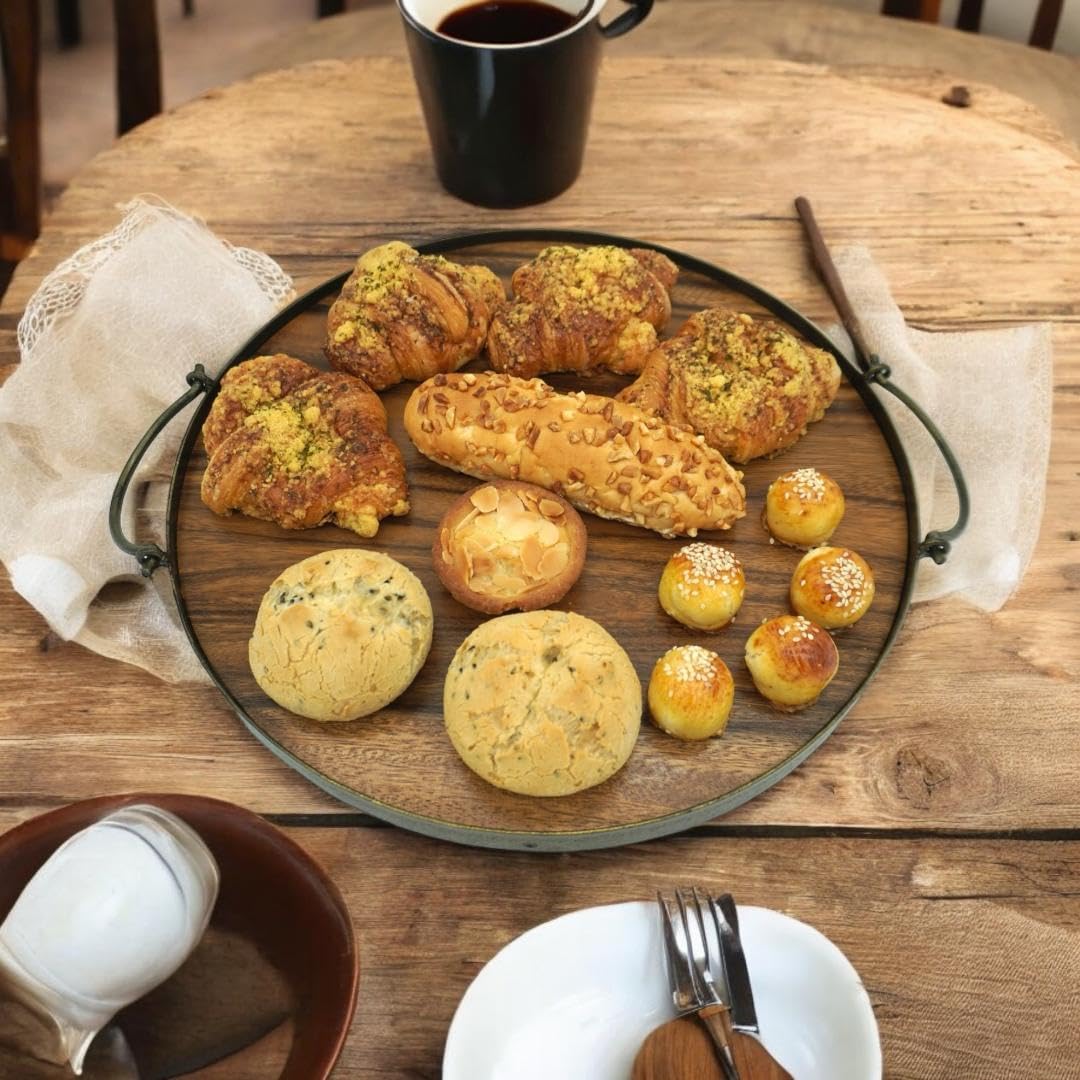Wrightmart Acacia Wood Cheese Tray and Serving Board with Handles – Large Round Charcuterie Circle Board, Hardwood Platter for Entertaining and Serving, 14" Diameter
