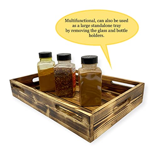 Wrightmart Wood Serving Tray with Wine Bottle and Glass Holder, Acacia Charcuterie Board, and Cut-Out Handles - Holds 2 Bottles and 4 Glasses, Fits Champagne Size Bottle