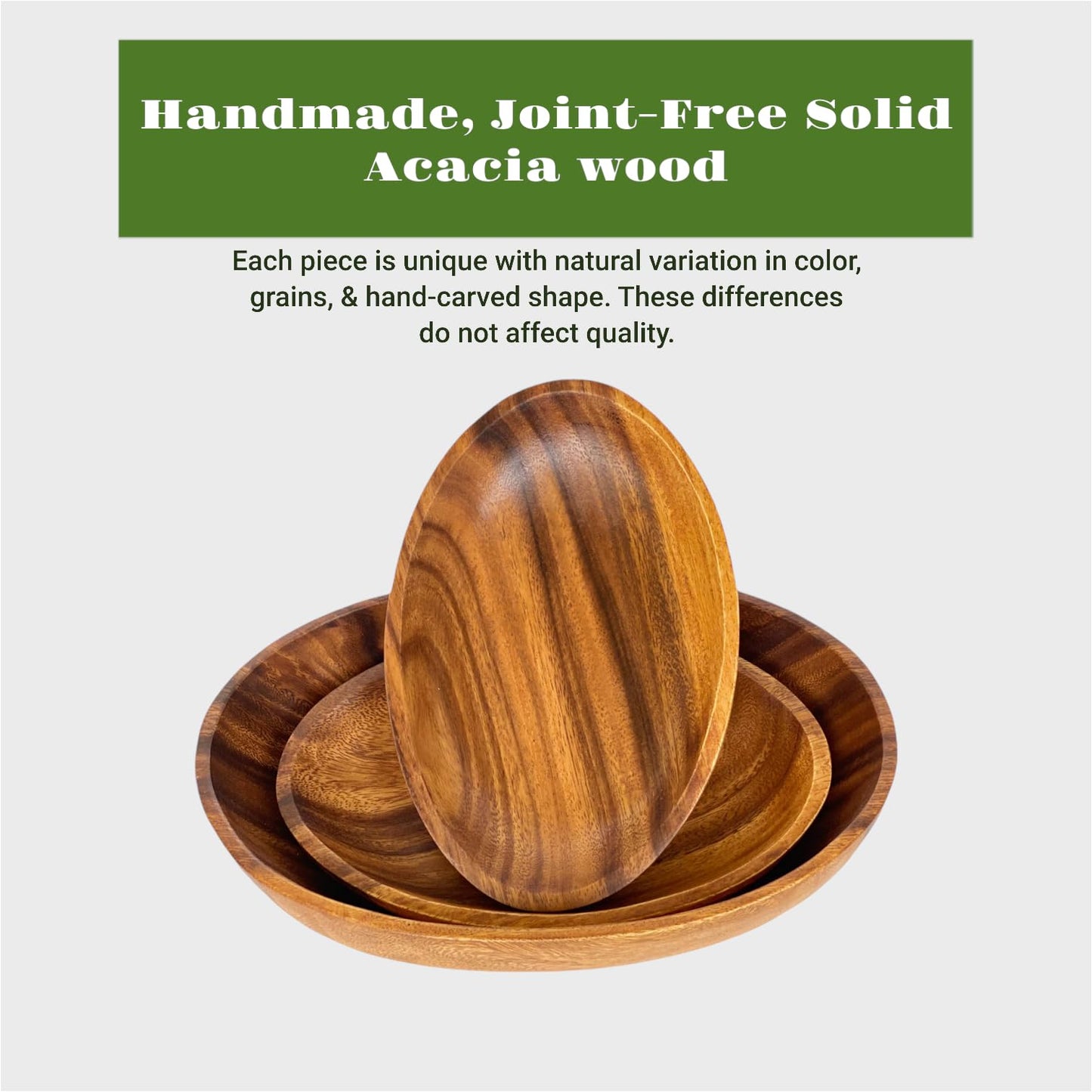 WRIGHTMART Oval Acacia Wood Serving Bowl Set of 3, Handcrafted, Rustic, Durable, Sustainably Sourced, Salad or Fruit Bowl for Kitchen Counter, Decorative Tabletop Centrepiece, 1 Large, 2 Small Bowl