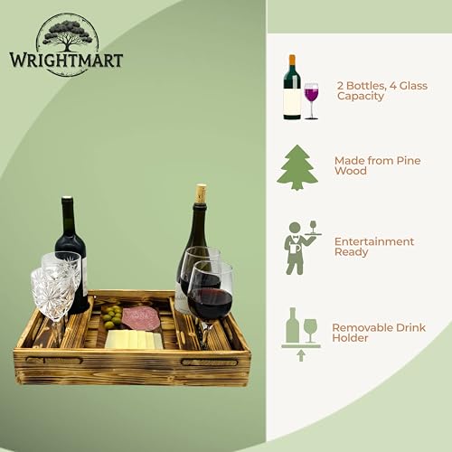 Wrightmart Wood Serving Tray with Wine Bottle and Glass Holder, Acacia Charcuterie Board, and Cut-Out Handles - Holds 2 Bottles and 4 Glasses, Fits Champagne Size Bottle