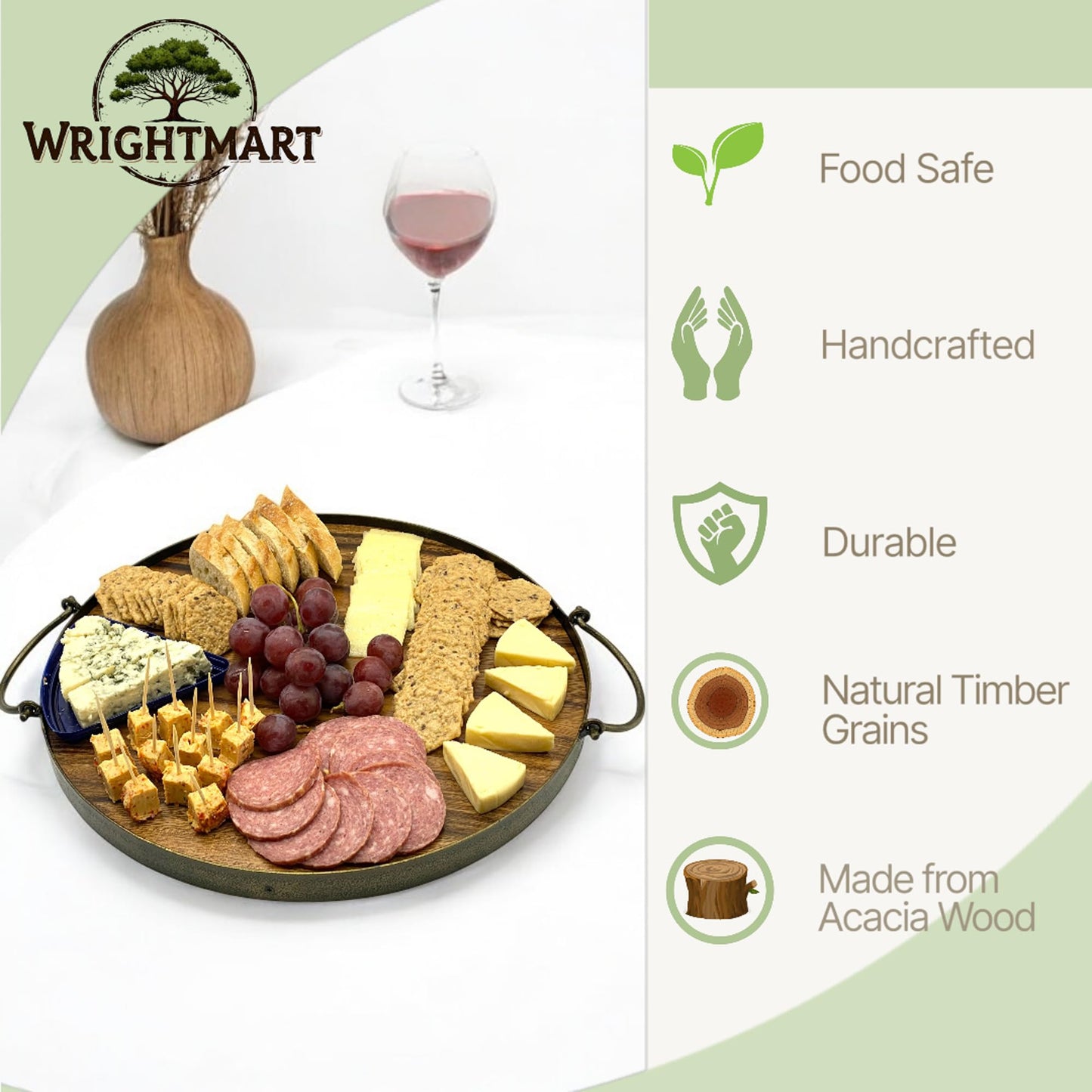Wrightmart Acacia Wood Cheese Tray and Serving Board with Handles – Large Round Charcuterie Circle Board, Hardwood Platter for Entertaining and Serving, 14" Diameter