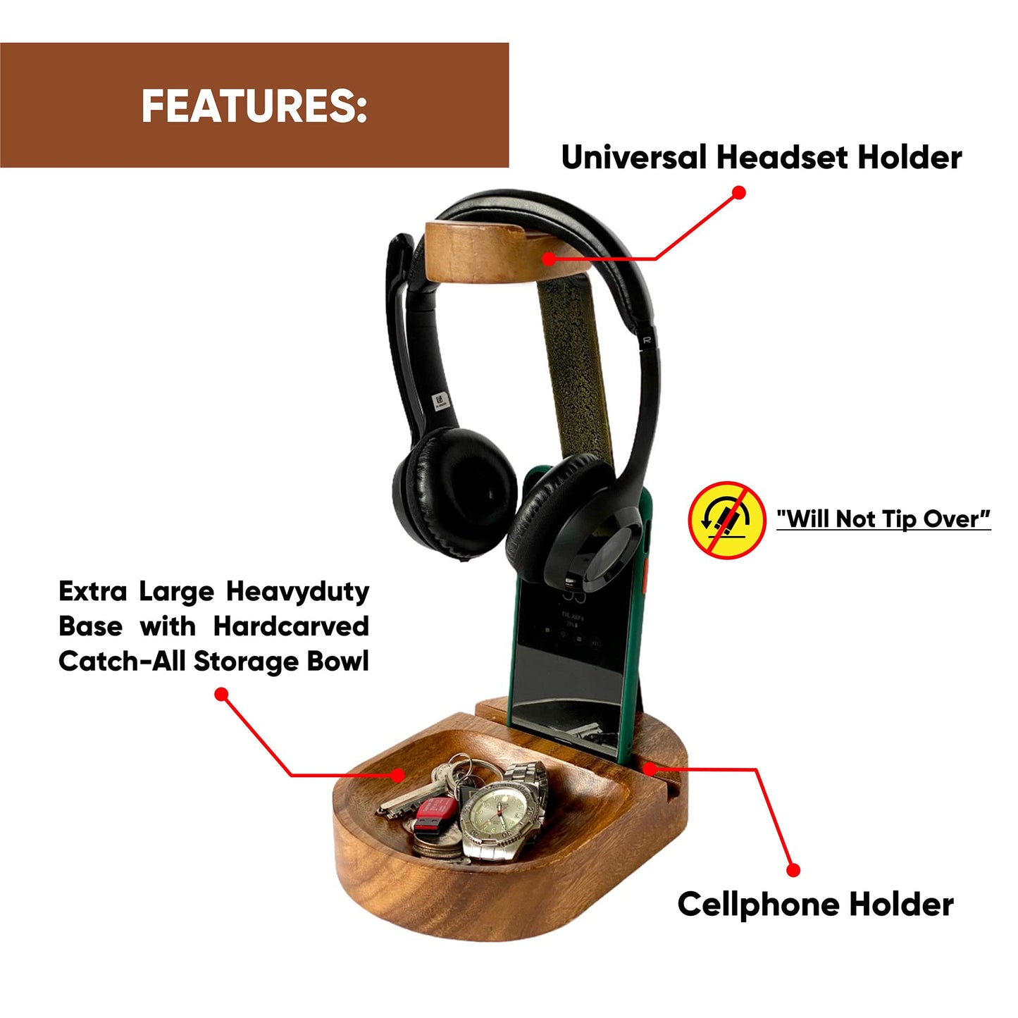 WRIGHTMART Wooden Headphone Stand for Over-Ear Headphones, Cell Phone, iPad, iPhone, Compatible with Bose, Beats, Sony, Sennheiser, Made from Beautiful Acacia Wood