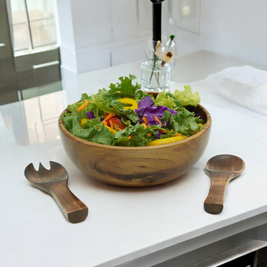 Acacia Wood Bowl, 9" with 2 Servers, Handcrafted Round Salad Bowl Set