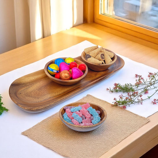 Acacia Wood Bowls, 4.25" Set of 3 with Tray, Calabash Style, Handcrafted Round Wood Bowls