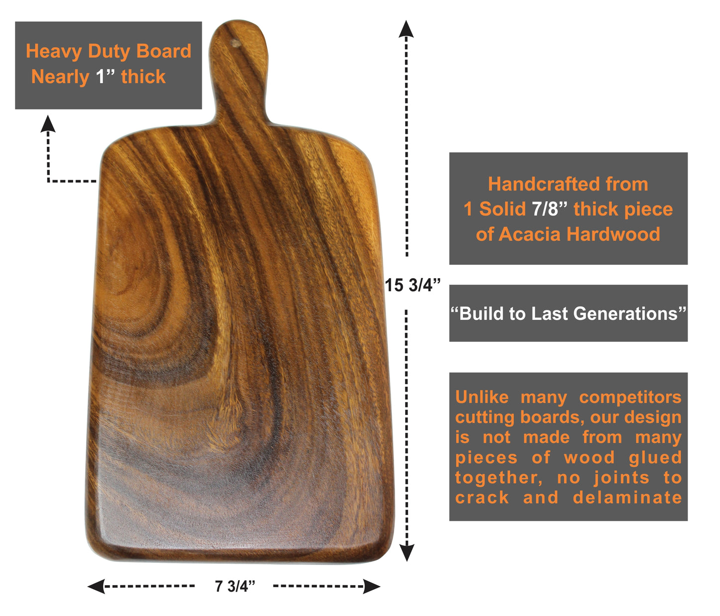 Wood Kitchen Cutting Serving Charcuterie Board with Handle, Handmade, Solid, Joint Free, Double-Sided, Continuous Beautiful Wood Grains