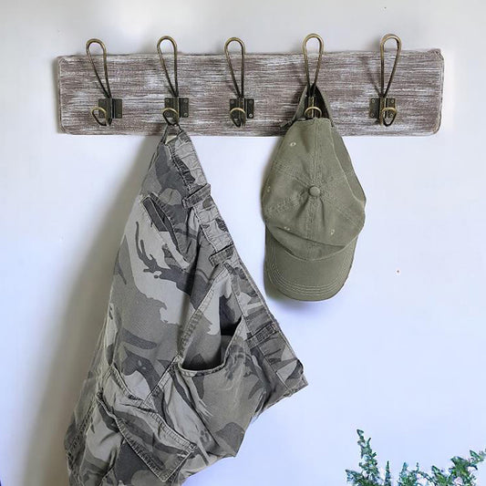 Rustic Farmhouse Wooden Coat Rack – Weathered Whitewash, Bronze Hook, Handcrafted Wall Mounted Hanger Rack with 5 Hooks, Reclaimed Wood, for Entryway, Hallway, Bedroom, or Bathroom