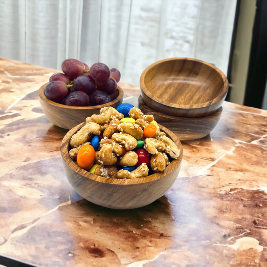 Acacia Wood Bowls, 4.25" Set of 4, Handcrafted Round Wood Bowls
