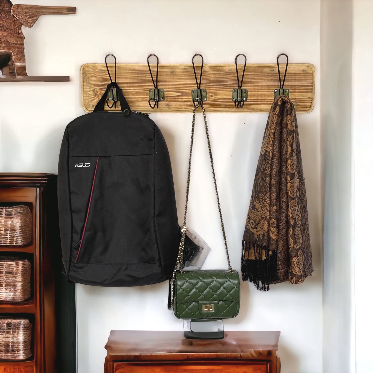 Rustic Farmhouse Wooden Coat Racks – Handcrafted Wall Mounted Hanger Racks with 4–5 Hooks in Reclaimed Wood, Mahogany & Pine, Perfect for Entryway, Hallway, Bedroom, or Bathroom