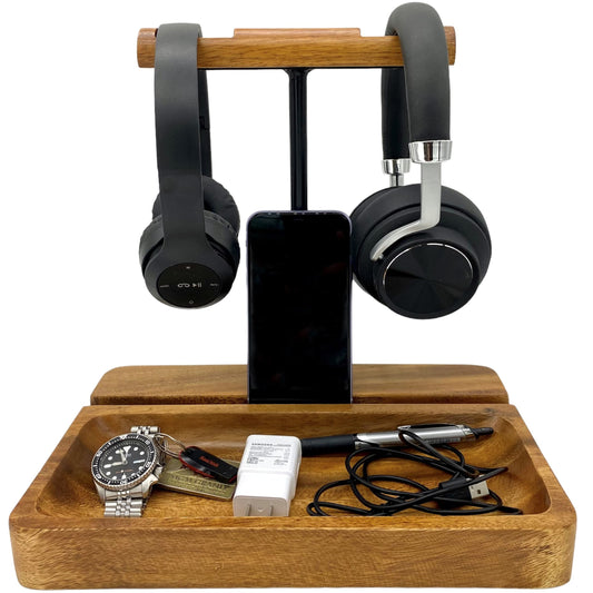 WRIGHTMART Dual Wooden Headphone Stand with Phone Holder, Acacia Wood Desk Organizer for 2 Headphones, Compatible with Bose, Beats, Sony, Sennheiser