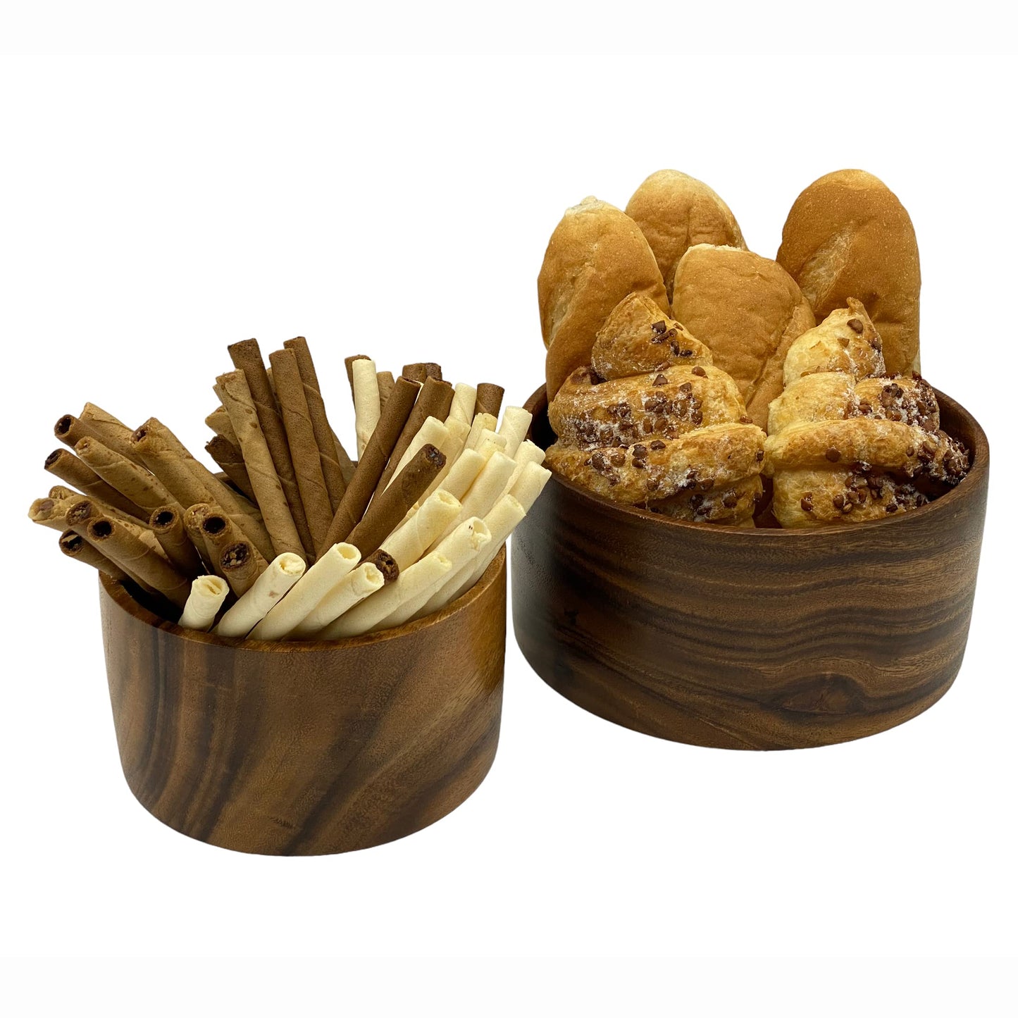 WRIGHTMART Round Wood Serving Bowl Set of 2, Durable Solid Acacia Wooden Bowls for Food, Condiment Storage, Salad, Snack, Nuts, Bread, Popcorn, Cylindrical Hand Turned, Bowl Size: 8" x 4" & 6" x 3.5"