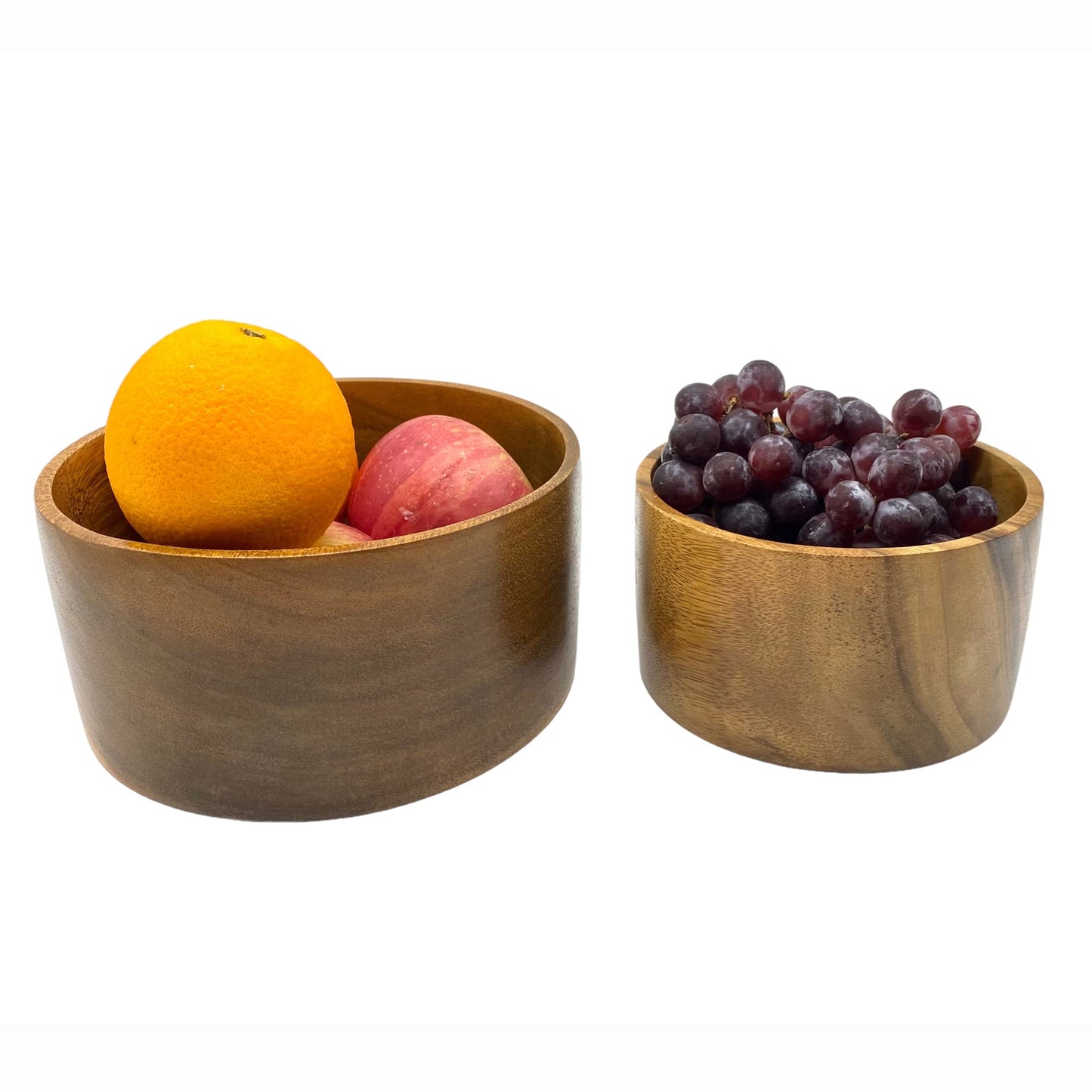 WRIGHTMART Round Wood Serving Bowl Set of 2, Durable Solid Acacia Wooden Bowls for Food, Condiment Storage, Salad, Snack, Nuts, Bread, Popcorn, Cylindrical Hand Turned, Bowl Size: 8" x 4" & 6" x 3.5"