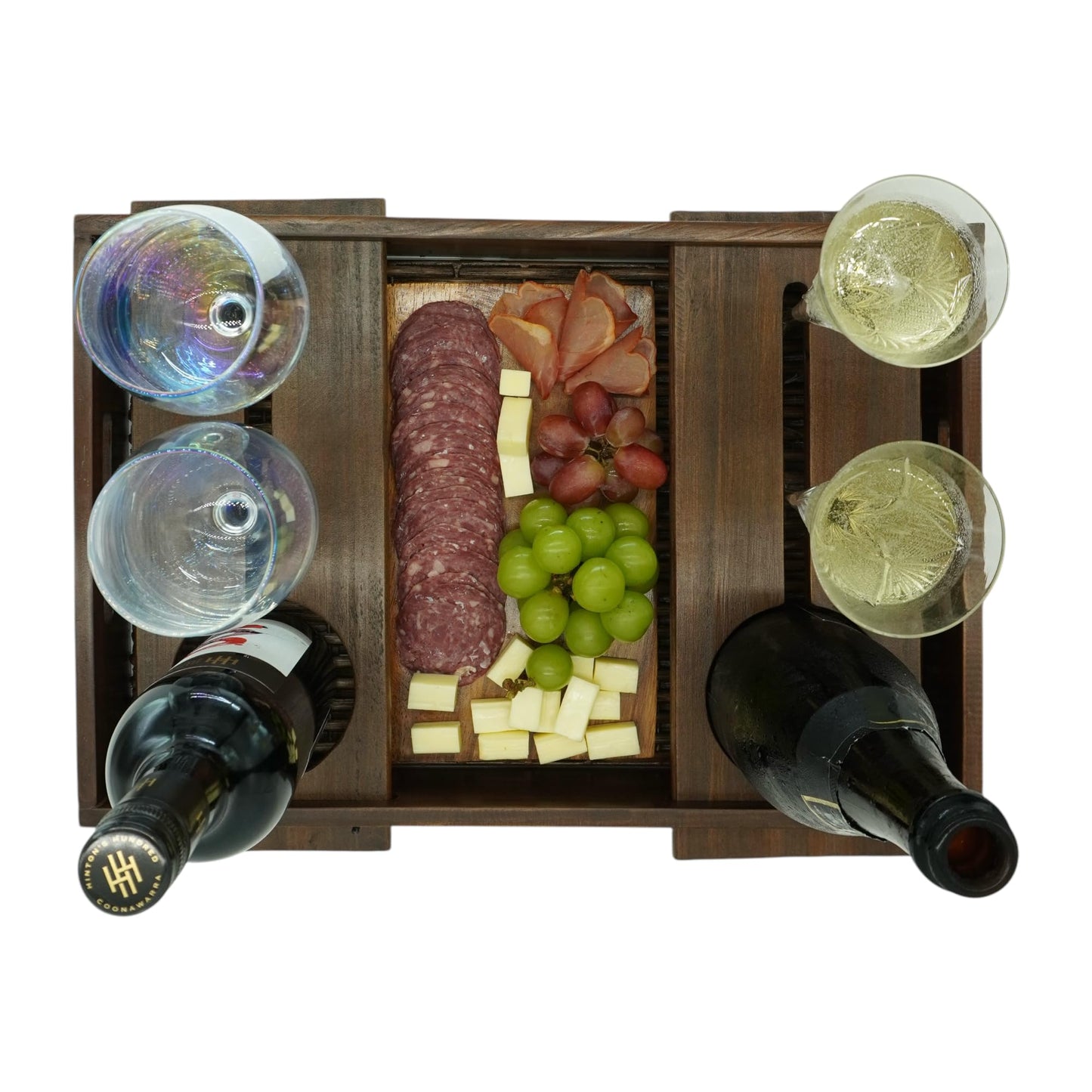 Wrightmart Wood Serving Tray with Wine Bottle and Glass Holder, Acacia Charcuterie Board, and Cut-Out Handles - Holds 2 Bottles and 4 Glasses, Fits Champagne Size Bottle