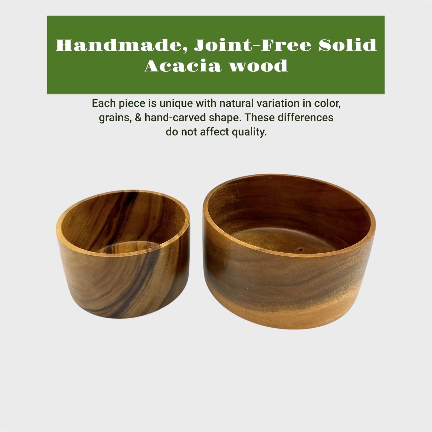 WRIGHTMART Round Wood Serving Bowl Set of 2, Durable Solid Acacia Wooden Bowls for Food, Condiment Storage, Salad, Snack, Nuts, Bread, Popcorn, Cylindrical Hand Turned, Bowl Size: 8" x 4" & 6" x 3.5"