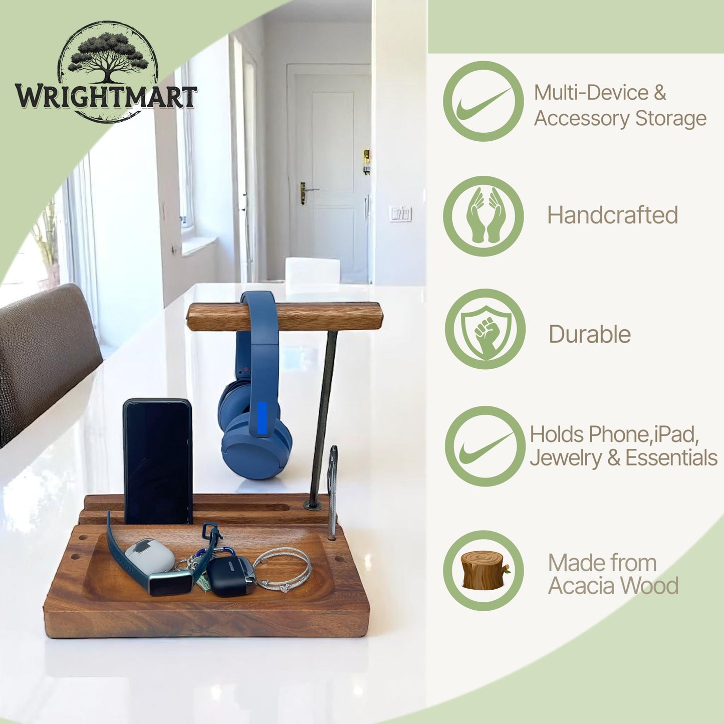 WRIGHTMART Wooden Headphone Stand for Over-Ear Headphones, Cell Phone, iPad, iPhone, Compatible with Bose, Beats, Sony, Sennheiser, Made from Beautiful Acacia Wood