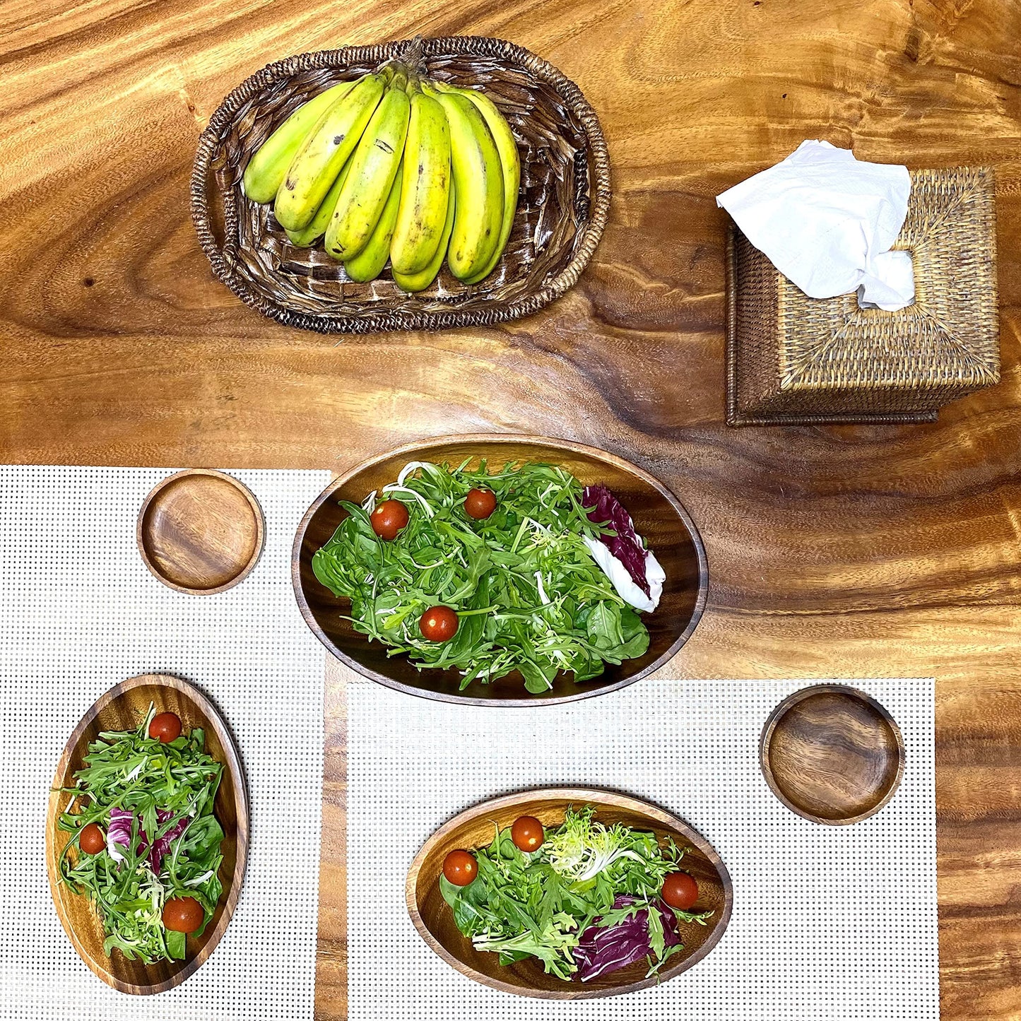 WRIGHTMART Oval Acacia Wood Serving Bowl Set of 3, Handcrafted, Rustic, Durable, Sustainably Sourced, Salad or Fruit Bowl for Kitchen Counter, Decorative Tabletop Centrepiece, 1 Large, 2 Small Bowl