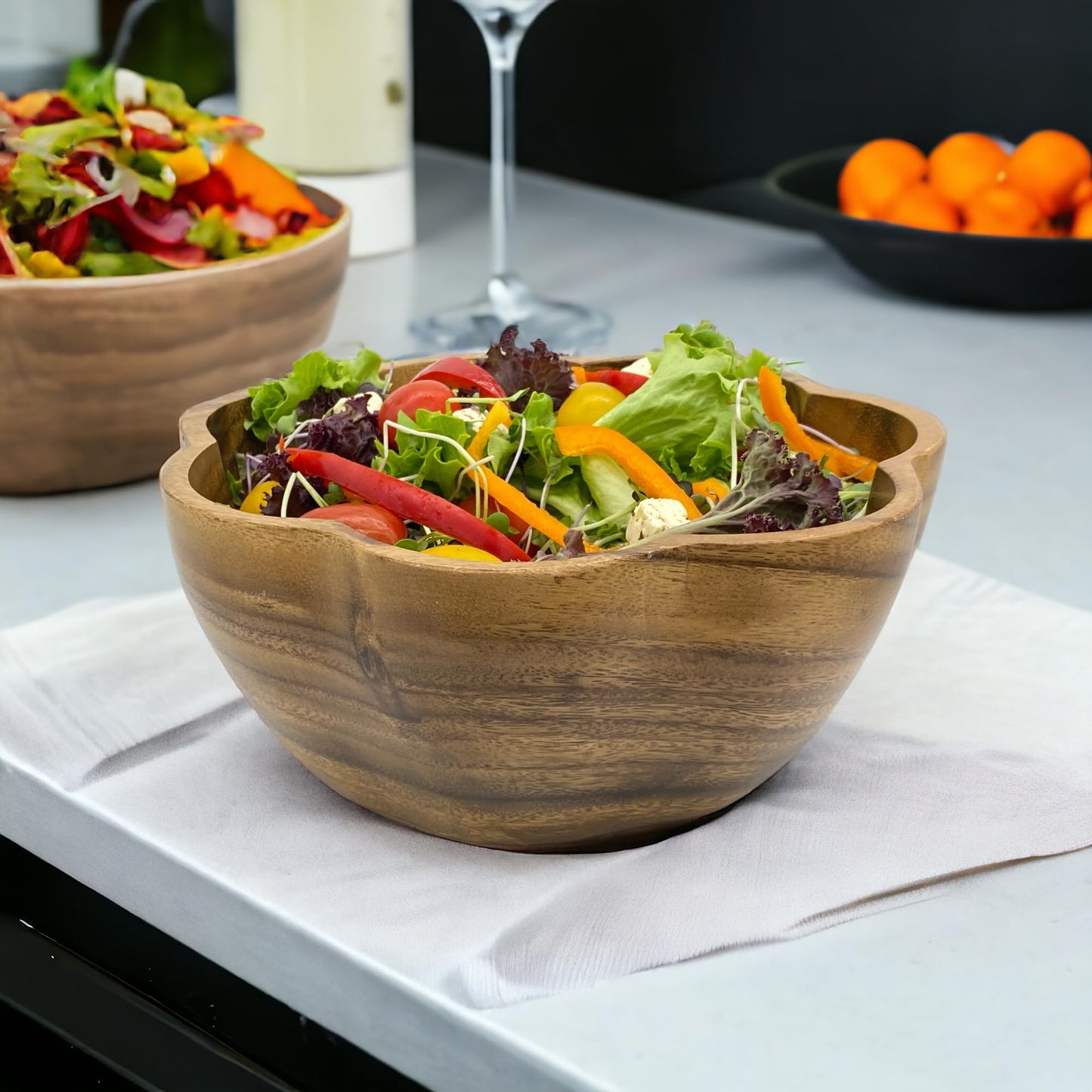 WRIGHTMART Round Wood Serving Bowl, for Food, Salad, Fruit, Popcorn, Decorative Display, Hand Turned Acacia Dinnerware, Scalloped Shaped, for the Dining Table and Kitchen