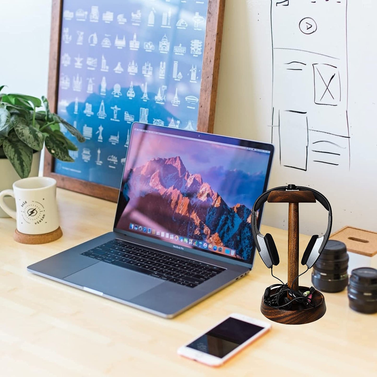 WRIGHTMART Wooden Headphone Stand for Over-Ear Headphones, Cell Phone, iPad, iPhone, Compatible with Bose, Beats, Sony, Sennheiser, Made from Beautiful Acacia Wood