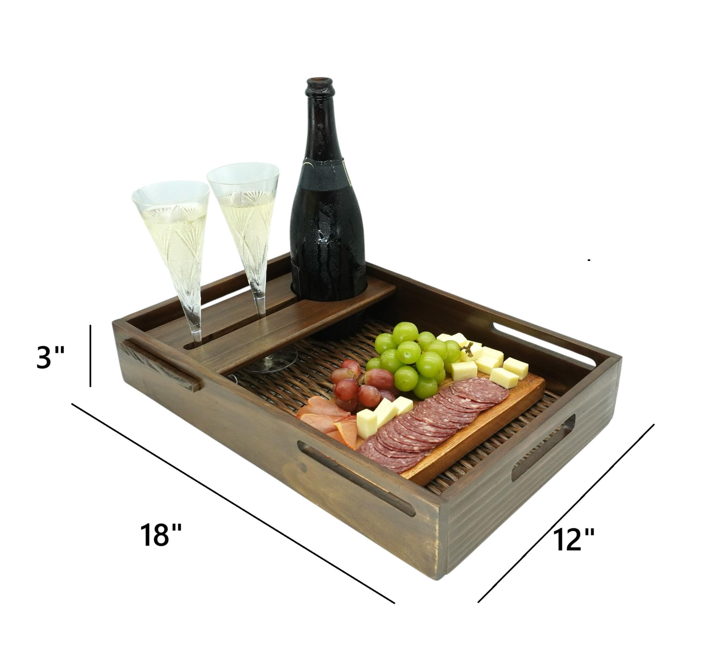 Wrightmart Wood Serving Tray with Wine Bottle and Glass Holder, Acacia Charcuterie Board, and Cut-Out Handles - Holds 2 Bottles and 4 Glasses, Fits Champagne Size Bottle