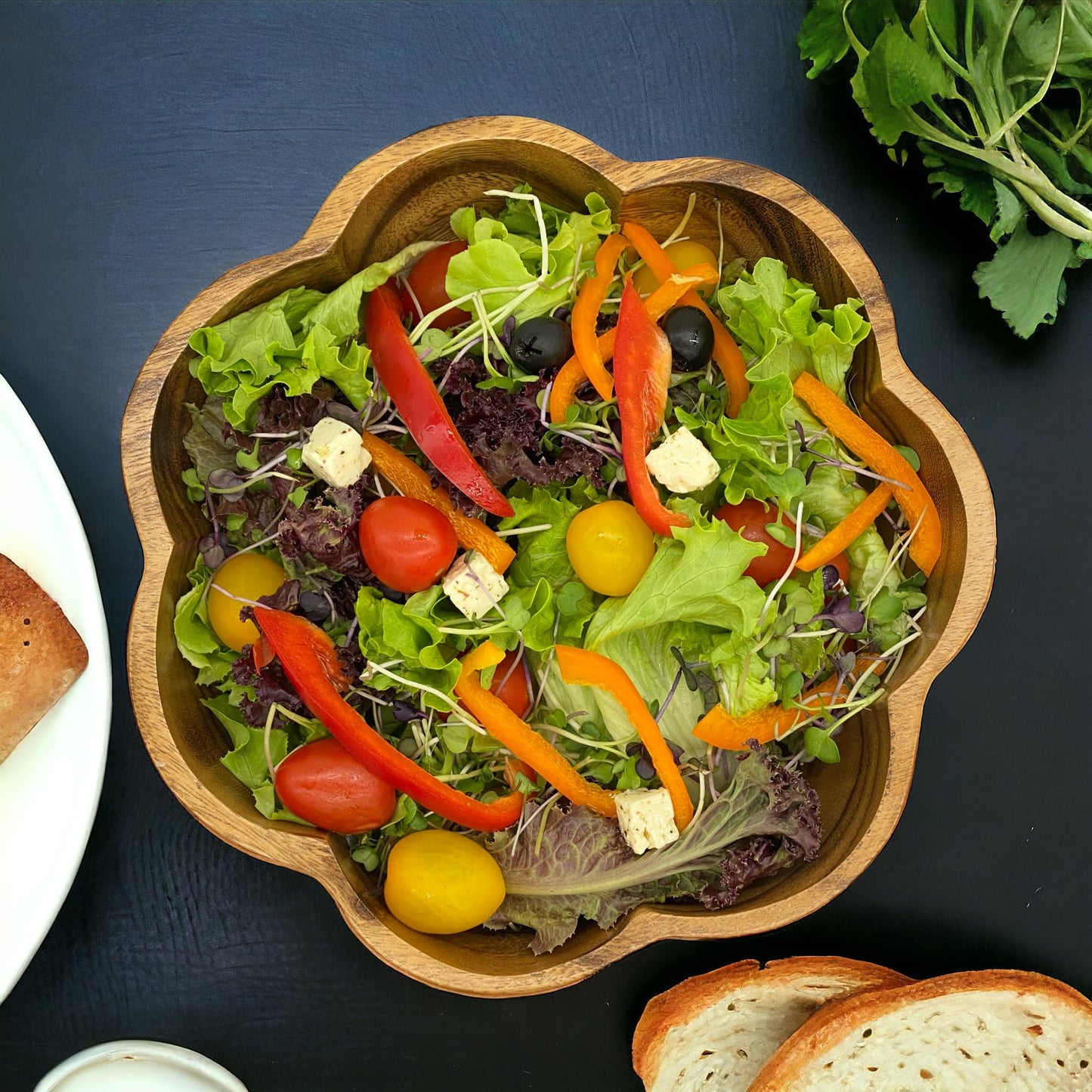 WRIGHTMART Round Wood Serving Bowl, for Food, Salad, Fruit, Popcorn, Decorative Display, Hand Turned Acacia Dinnerware, Scalloped Shaped, for the Dining Table and Kitchen