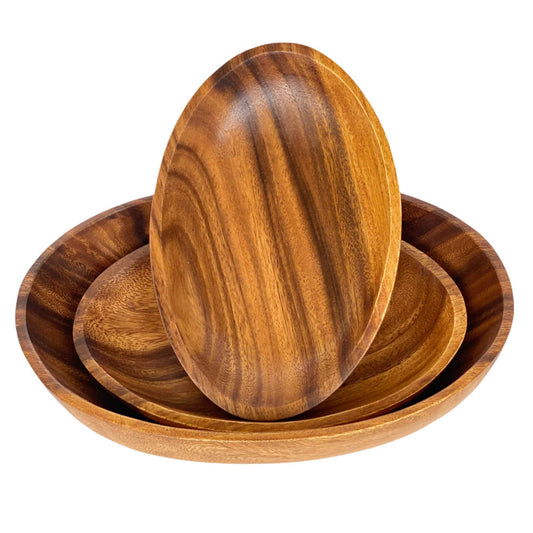 WRIGHTMART Oval Acacia Wood Serving Bowl Set of 3, Handcrafted, Rustic, Durable, Sustainably Sourced, Salad or Fruit Bowl for Kitchen Counter, Decorative Tabletop Centrepiece, 1 Large, 2 Small Bowl