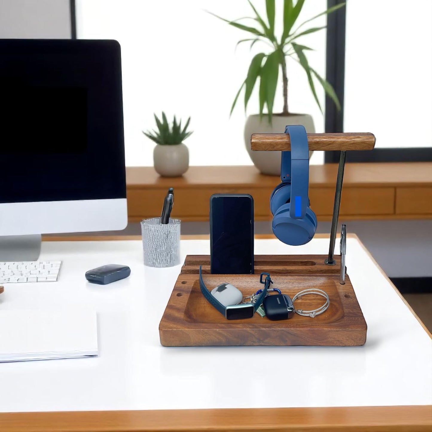 WRIGHTMART Wooden Headphone Stand for Over-Ear Headphones, Cell Phone, iPad, iPhone, Compatible with Bose, Beats, Sony, Sennheiser, Made from Beautiful Acacia Wood