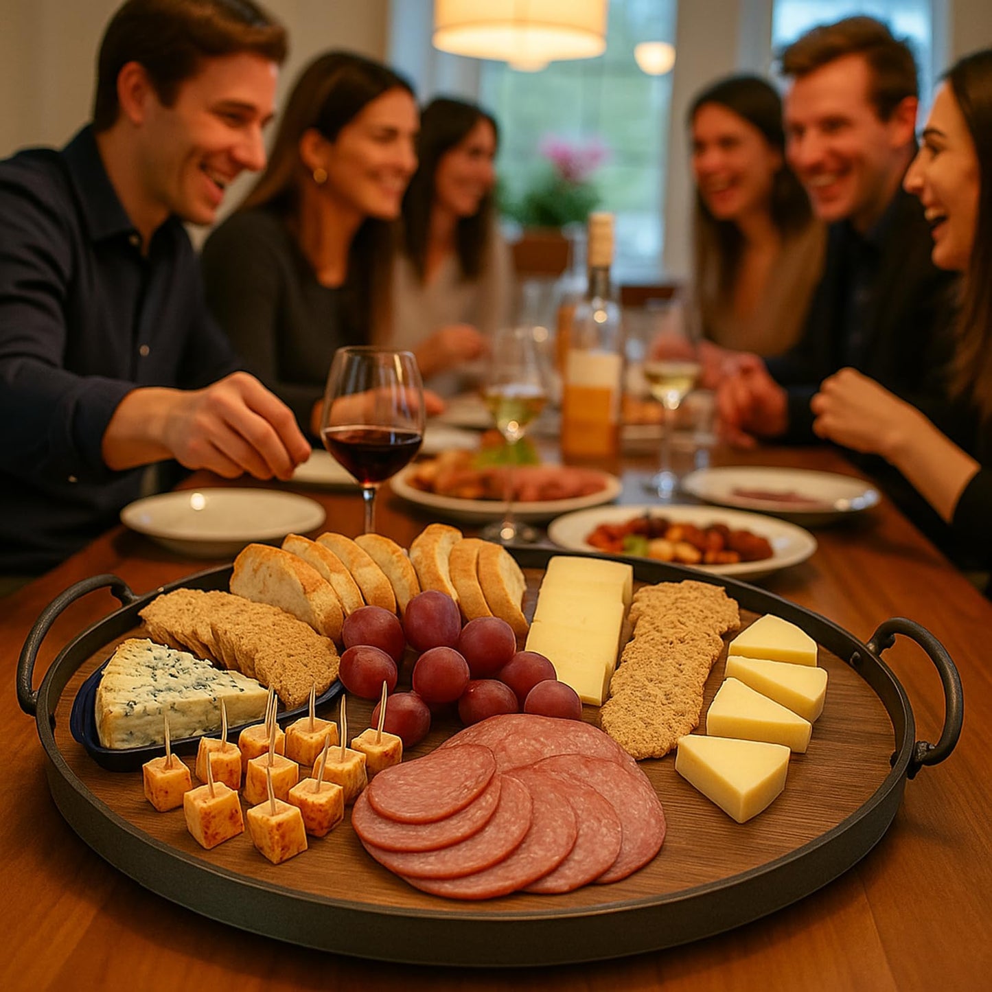 Wrightmart Acacia Wood Cheese Tray and Serving Board with Handles – Large Round Charcuterie Circle Board, Hardwood Platter for Entertaining and Serving, 14" Diameter