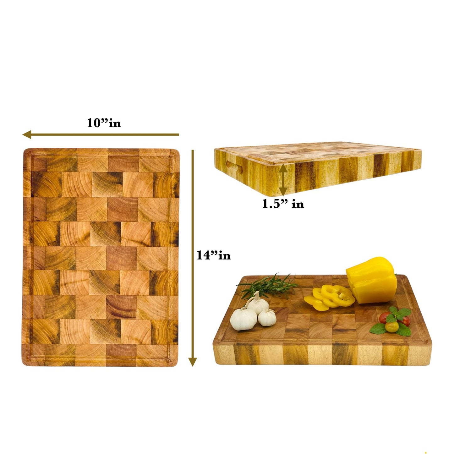 Wood Kitchen Cutting Serving Charcuterie Board with Handle, Handmade, Solid, Joint Free, Double-Sided, Continuous Beautiful Wood Grains
