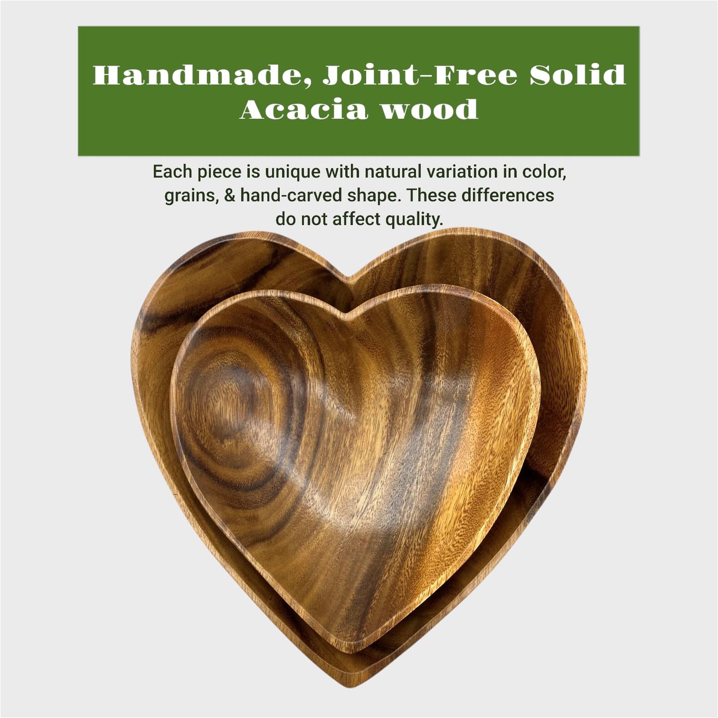 WRIGHTMART Wooden Bowl Set of 2, Heart Shaped, Versatile Bowls for Serving Salads, Nut Mixes, or as Catchall for Jewelry, Rings, and Coins, Durable Acacia Wood Construction, Handcarved