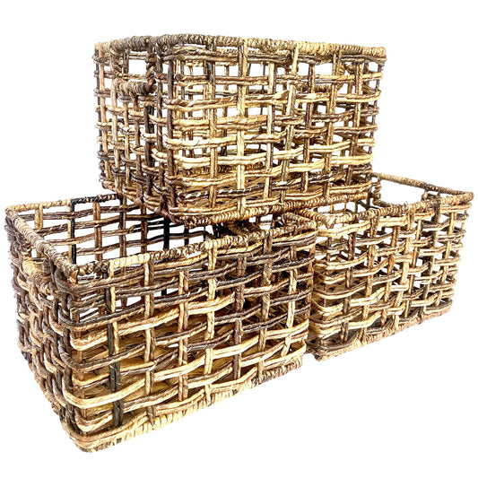 Wrightmart Storage Baskets, Natural Handwoven Seagrass Set of 3 – Dark Finish, Decorative Home Organizer for Shelves, Pantry, Living Room, Bedroom, Office