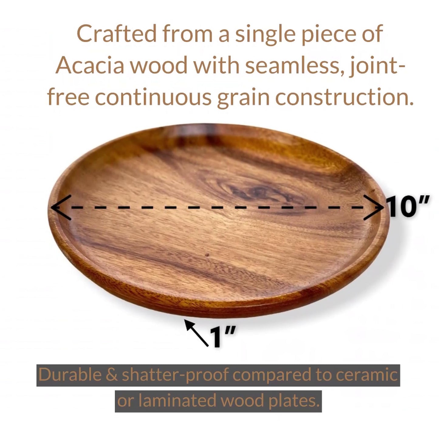 WRIGHTMART Wooden Plates, Set of 4 Wood Servers, Dinnerware Handcrafted of Acacia Hardwood, Versatile Tableware, for Dinner, Lunch, Breakfast, Charger Plate, Platter, Natural