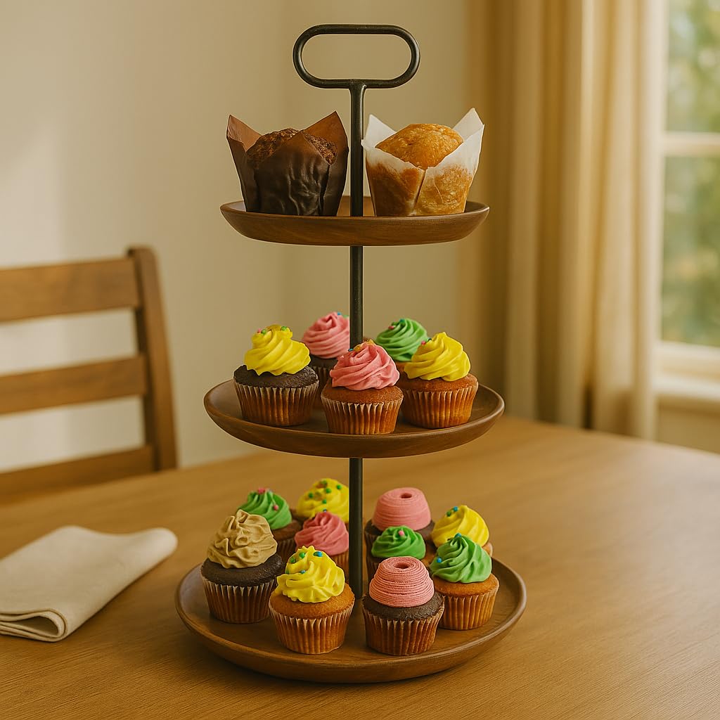 Wrightmart Acacia Wood Cheese Tray and Serving Board with Handles – Large Round Charcuterie Circle Board, Hardwood Platter for Entertaining and Serving, 14" Diameter