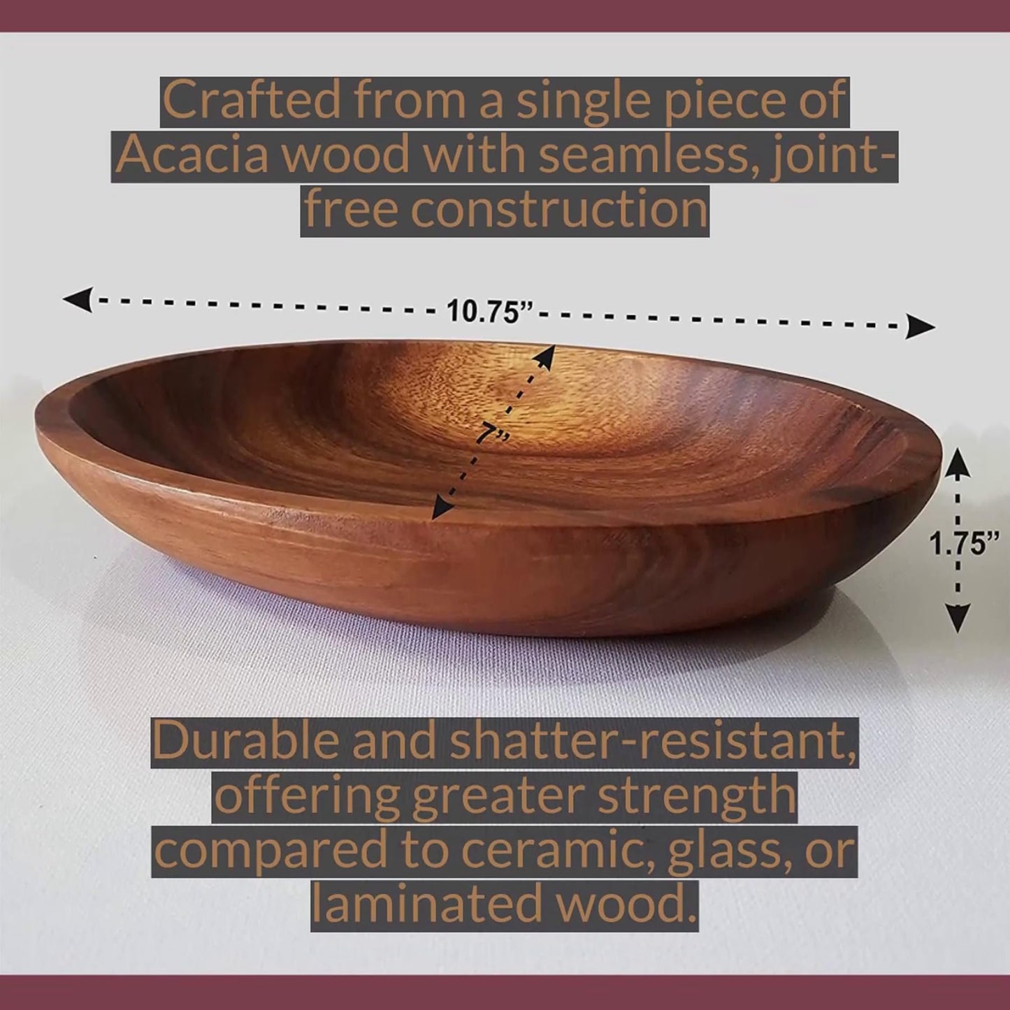 Small Oval Acacia Bowls – Serving Dish for Salad, Fruit, Bread, Dough Rising, Jewelry & Coin Catchall (10.75" x 7" x 1.5")
