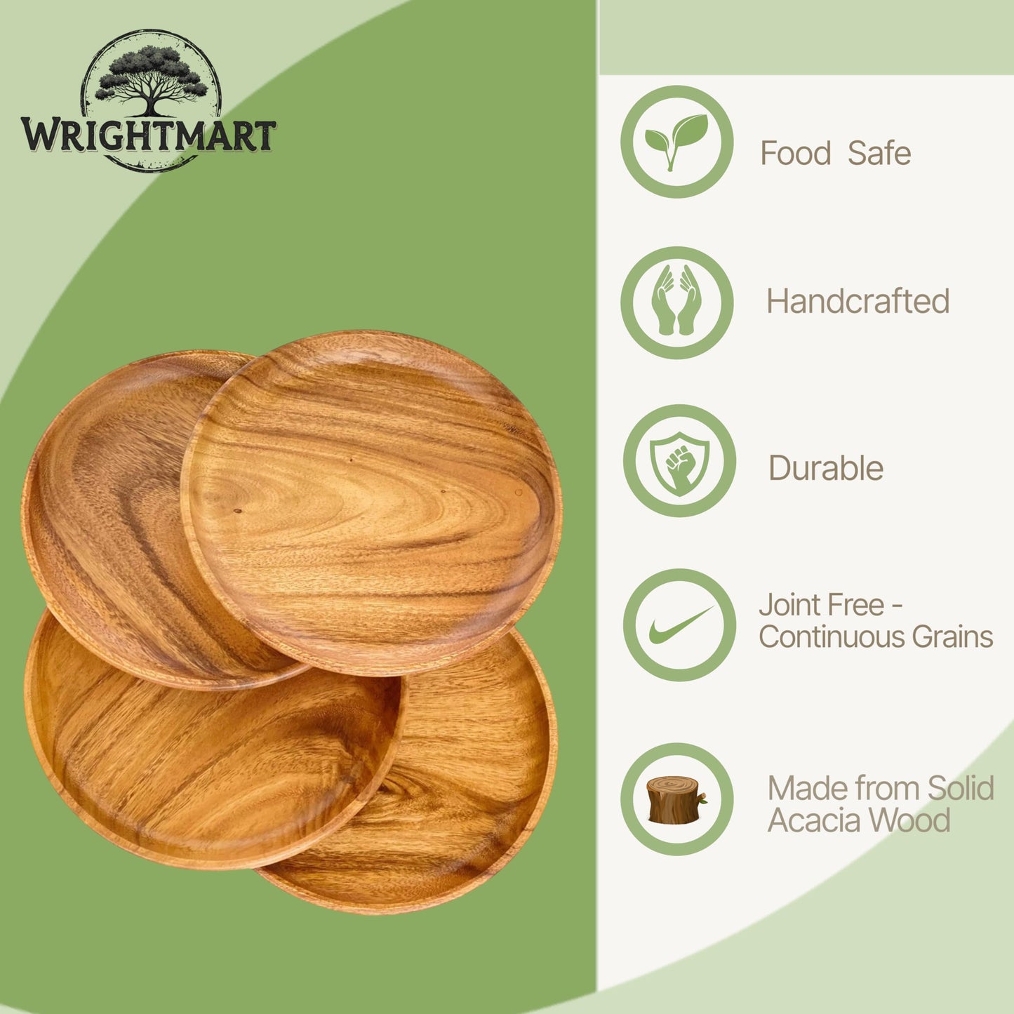 WRIGHTMART Wooden Plates, Set of 4 Wood Servers, Dinnerware Handcrafted of Acacia Hardwood, Versatile Tableware, for Dinner, Lunch, Breakfast, Charger Plate, Platter, Natural