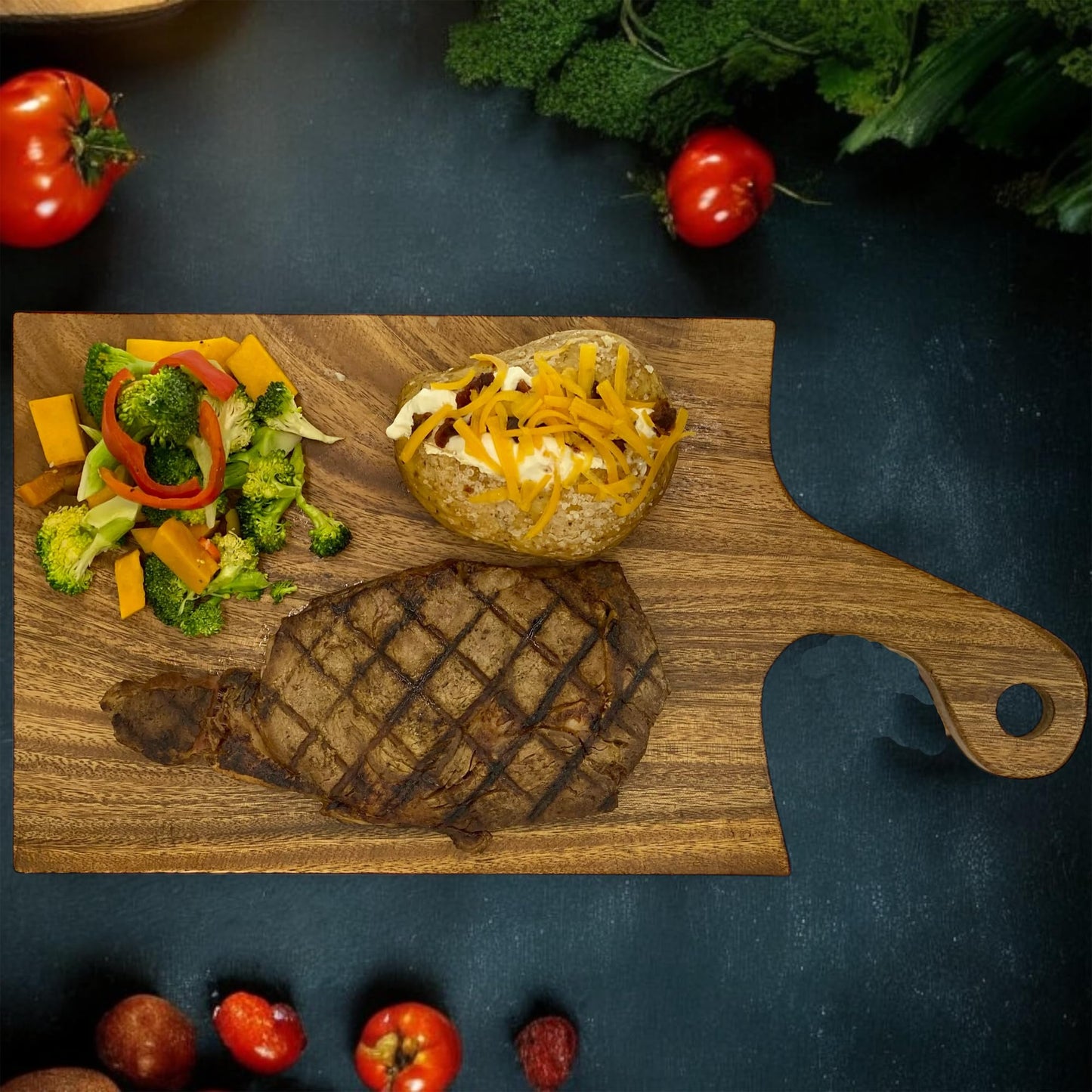 Wood Kitchen Cutting Serving Charcuterie Board with Handle, Handmade, Solid, Joint Free, Double-Sided, Continuous Beautiful Wood Grains